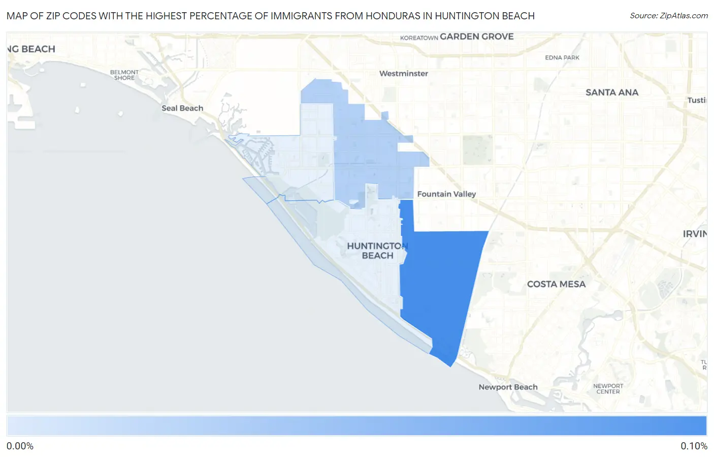 Zip Codes with the Highest Percentage of Immigrants from Honduras in Huntington Beach Map