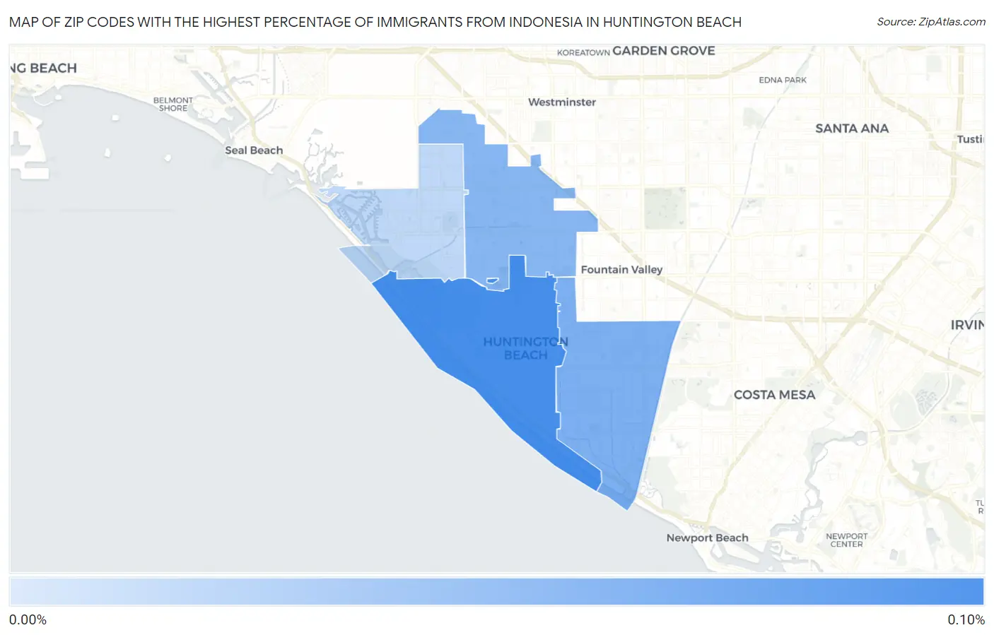 Zip Codes with the Highest Percentage of Immigrants from Indonesia in Huntington Beach Map