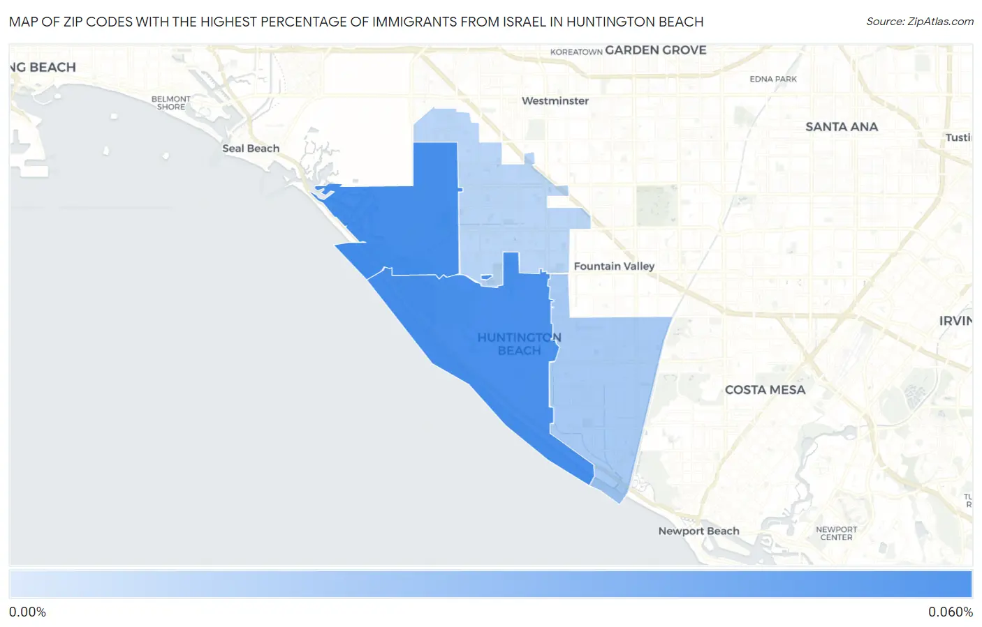 Zip Codes with the Highest Percentage of Immigrants from Israel in Huntington Beach Map