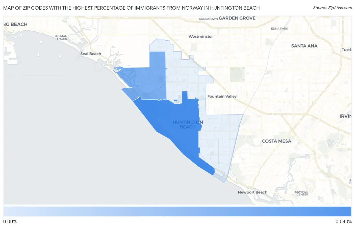 Zip Codes with the Highest Percentage of Immigrants from Norway in Huntington Beach Map