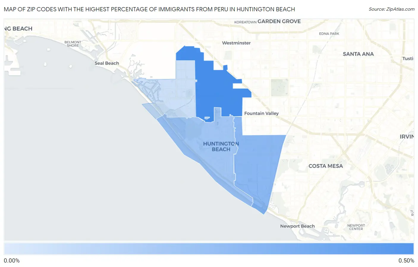 Zip Codes with the Highest Percentage of Immigrants from Peru in Huntington Beach Map