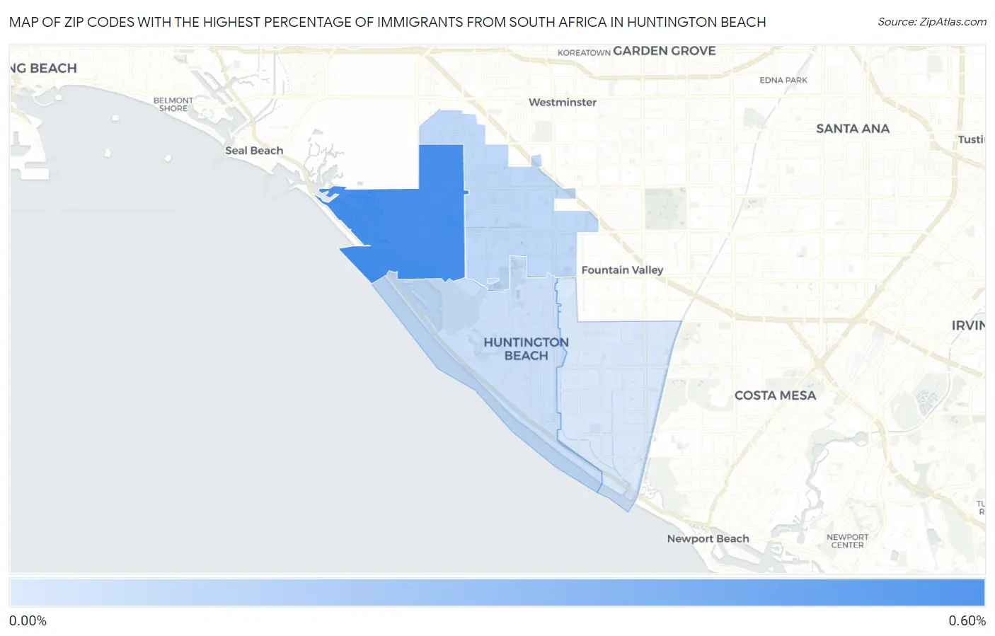 Zip Codes with the Highest Percentage of Immigrants from South Africa in Huntington Beach Map