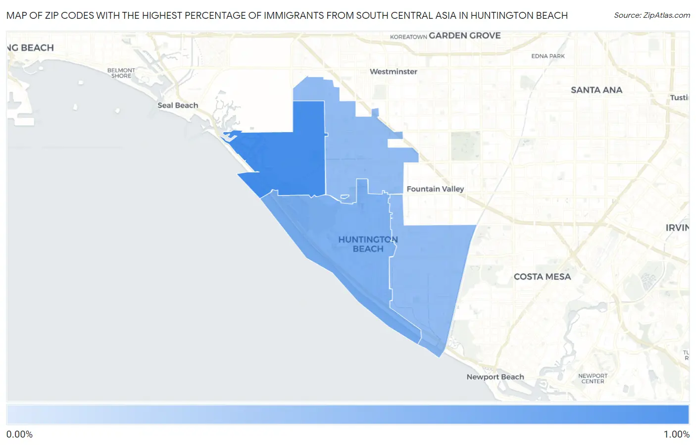 Zip Codes with the Highest Percentage of Immigrants from South Central Asia in Huntington Beach Map