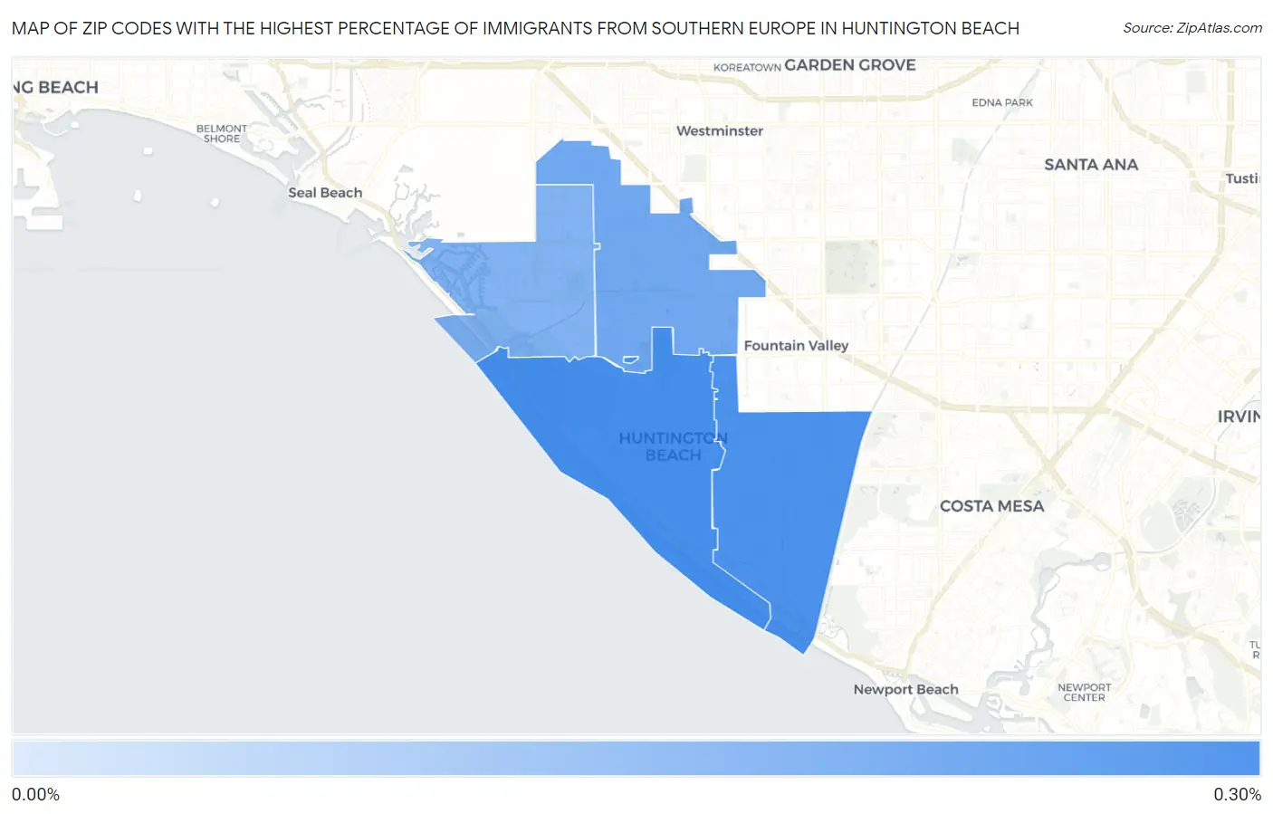 Zip Codes with the Highest Percentage of Immigrants from Southern Europe in Huntington Beach Map