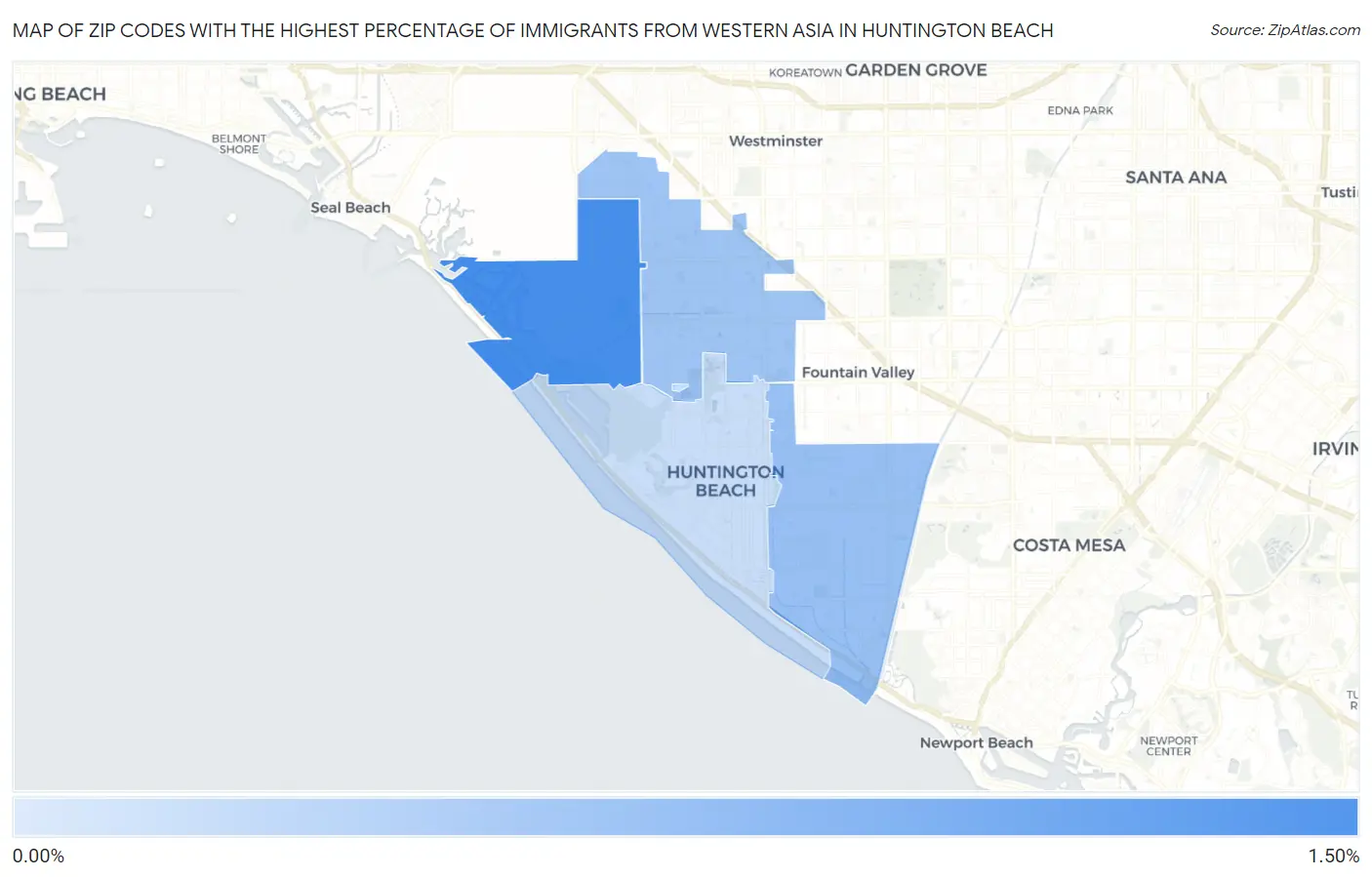 Zip Codes with the Highest Percentage of Immigrants from Western Asia in Huntington Beach Map