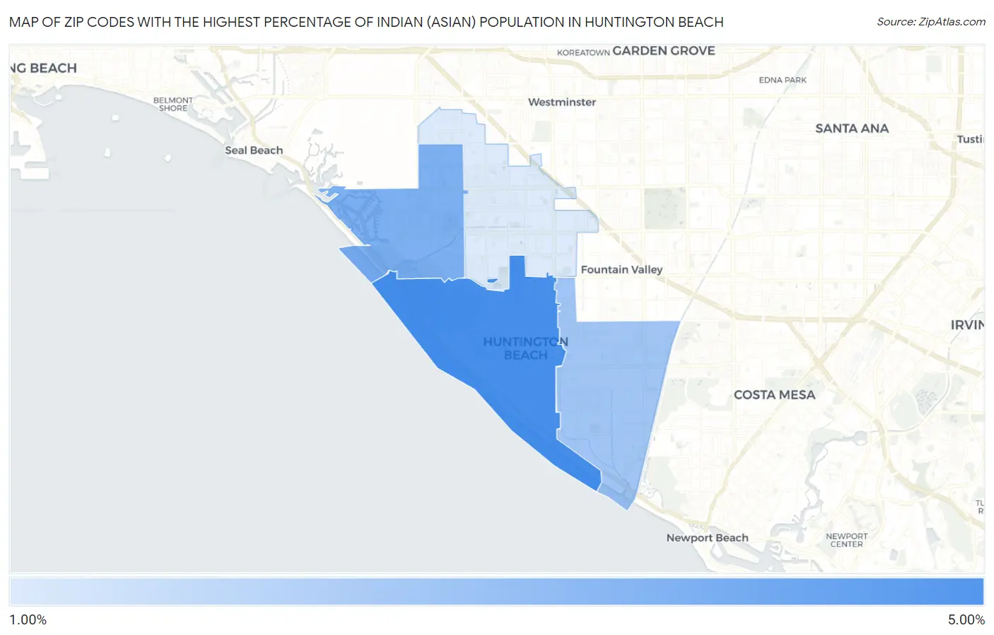 Zip Codes with the Highest Percentage of Indian (Asian) Population in Huntington Beach Map