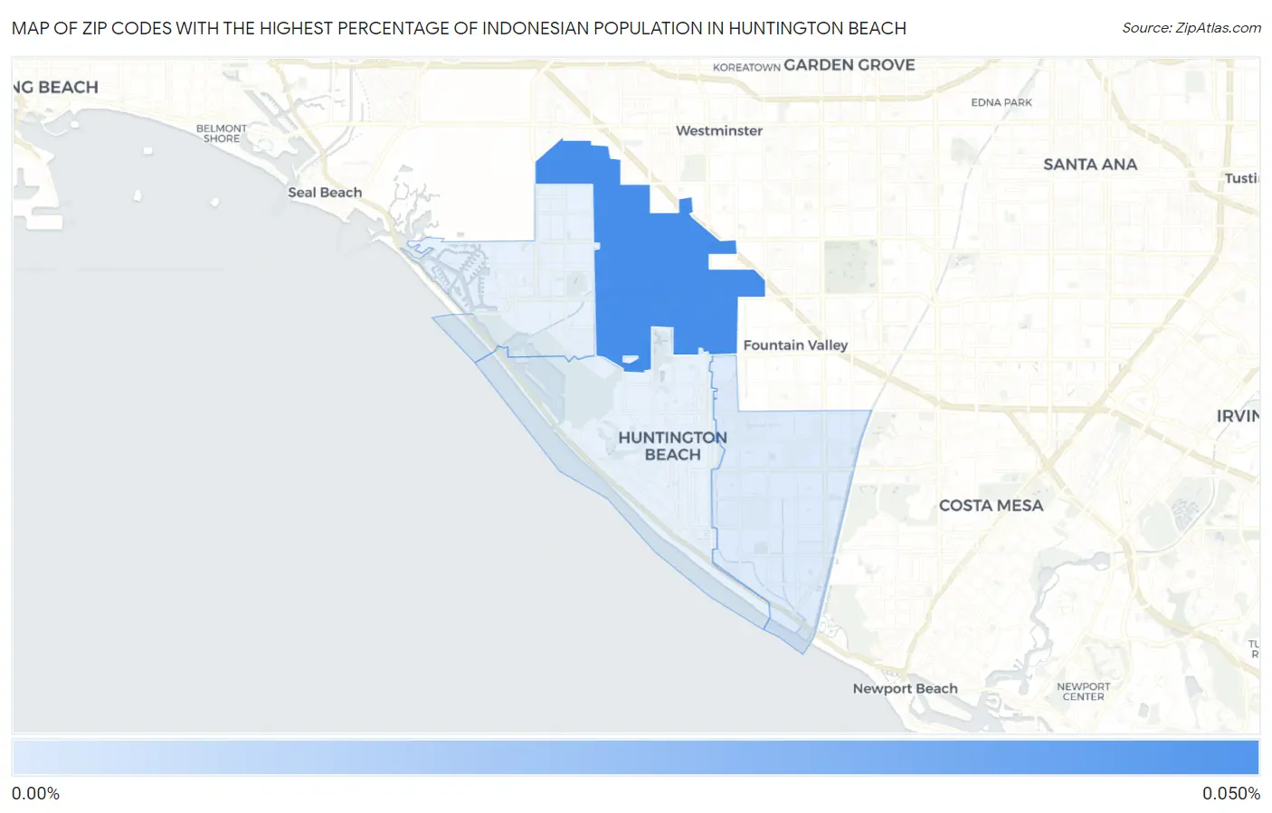 Zip Codes with the Highest Percentage of Indonesian Population in Huntington Beach Map