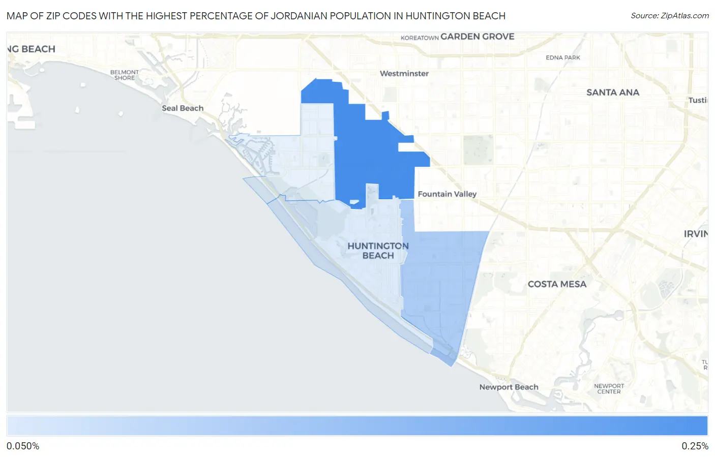 Zip Codes with the Highest Percentage of Jordanian Population in Huntington Beach Map