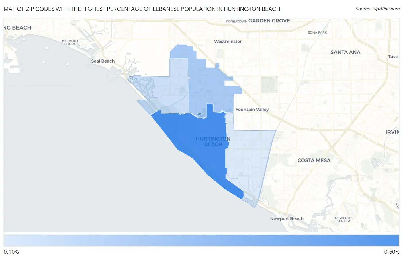 Zip Codes with the Highest Percentage of Lebanese Population in Huntington Beach Map