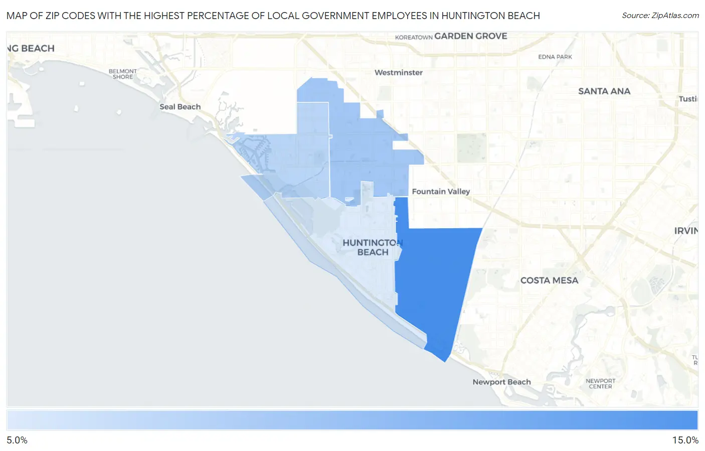 Zip Codes with the Highest Percentage of Local Government Employees in Huntington Beach Map