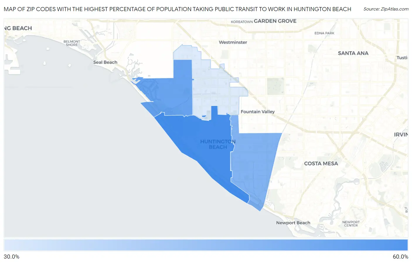 Zip Codes with the Highest Percentage of Population Taking Public Transit to Work in Huntington Beach Map