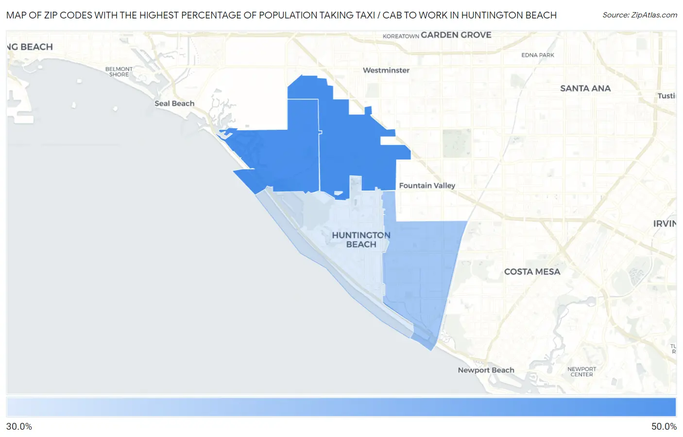 Zip Codes with the Highest Percentage of Population Taking Taxi / Cab to Work in Huntington Beach Map