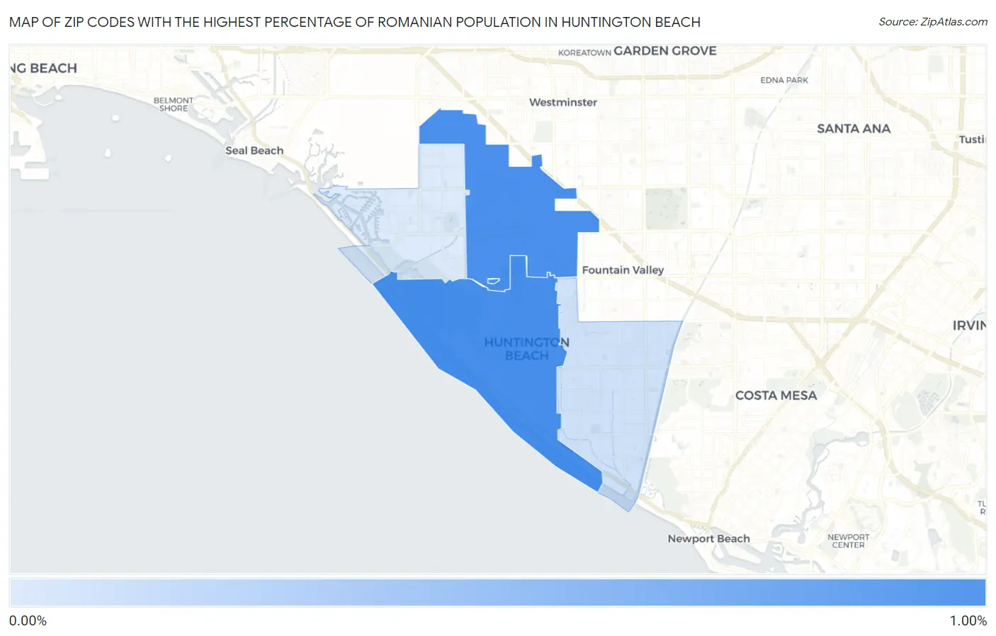 Zip Codes with the Highest Percentage of Romanian Population in Huntington Beach Map