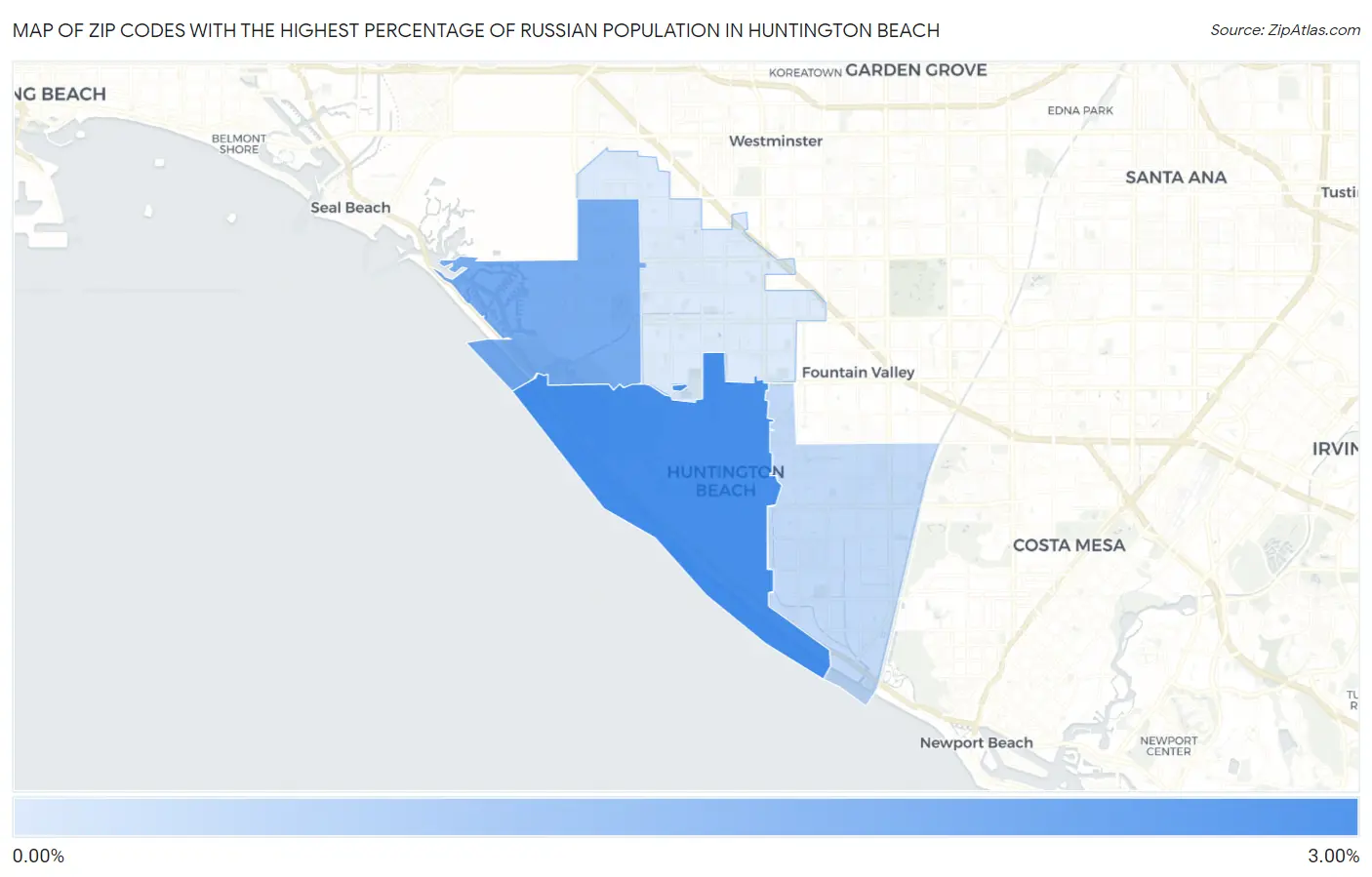 Zip Codes with the Highest Percentage of Russian Population in Huntington Beach Map