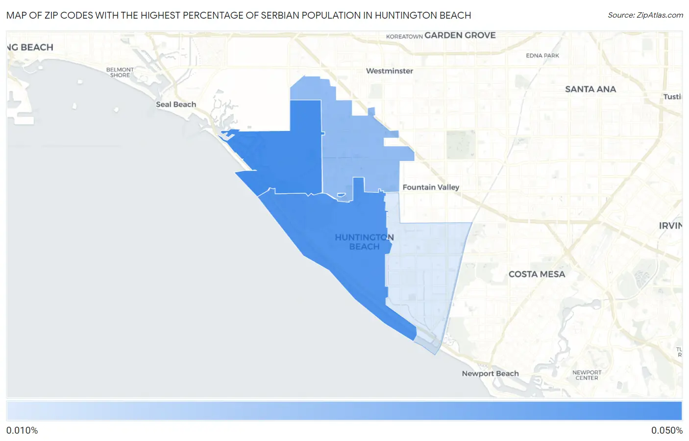 Zip Codes with the Highest Percentage of Serbian Population in Huntington Beach Map