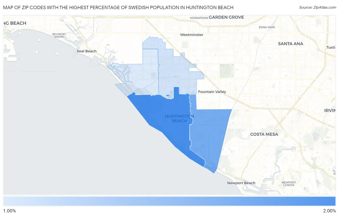 Zip Codes with the Highest Percentage of Swedish Population in Huntington Beach Map