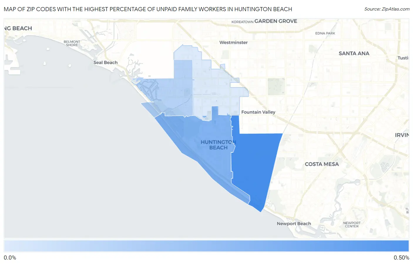Zip Codes with the Highest Percentage of Unpaid Family Workers in Huntington Beach Map