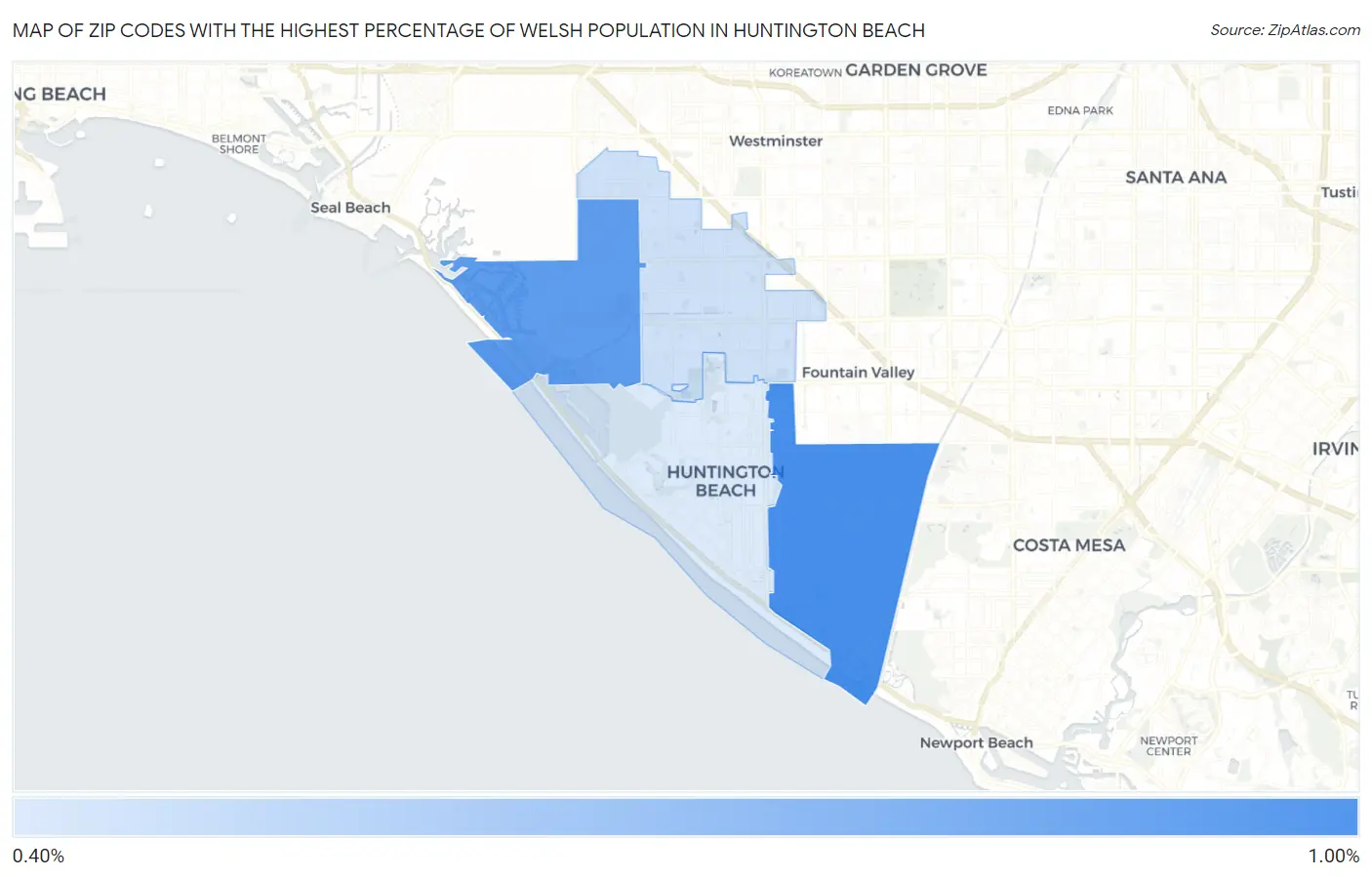 Zip Codes with the Highest Percentage of Welsh Population in Huntington Beach Map