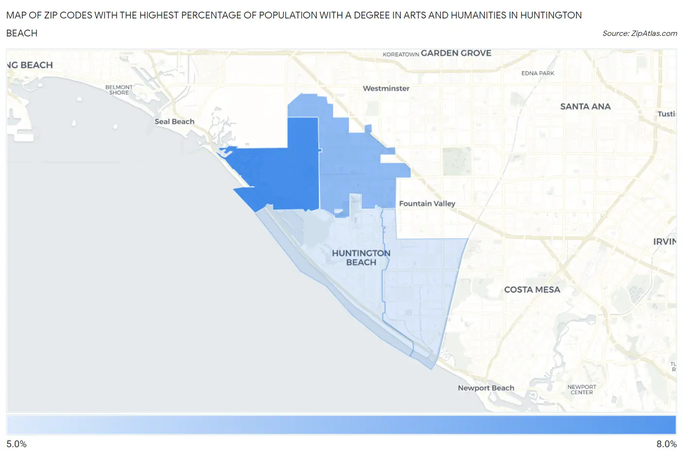 Zip Codes with the Highest Percentage of Population with a Degree in Arts and Humanities in Huntington Beach Map
