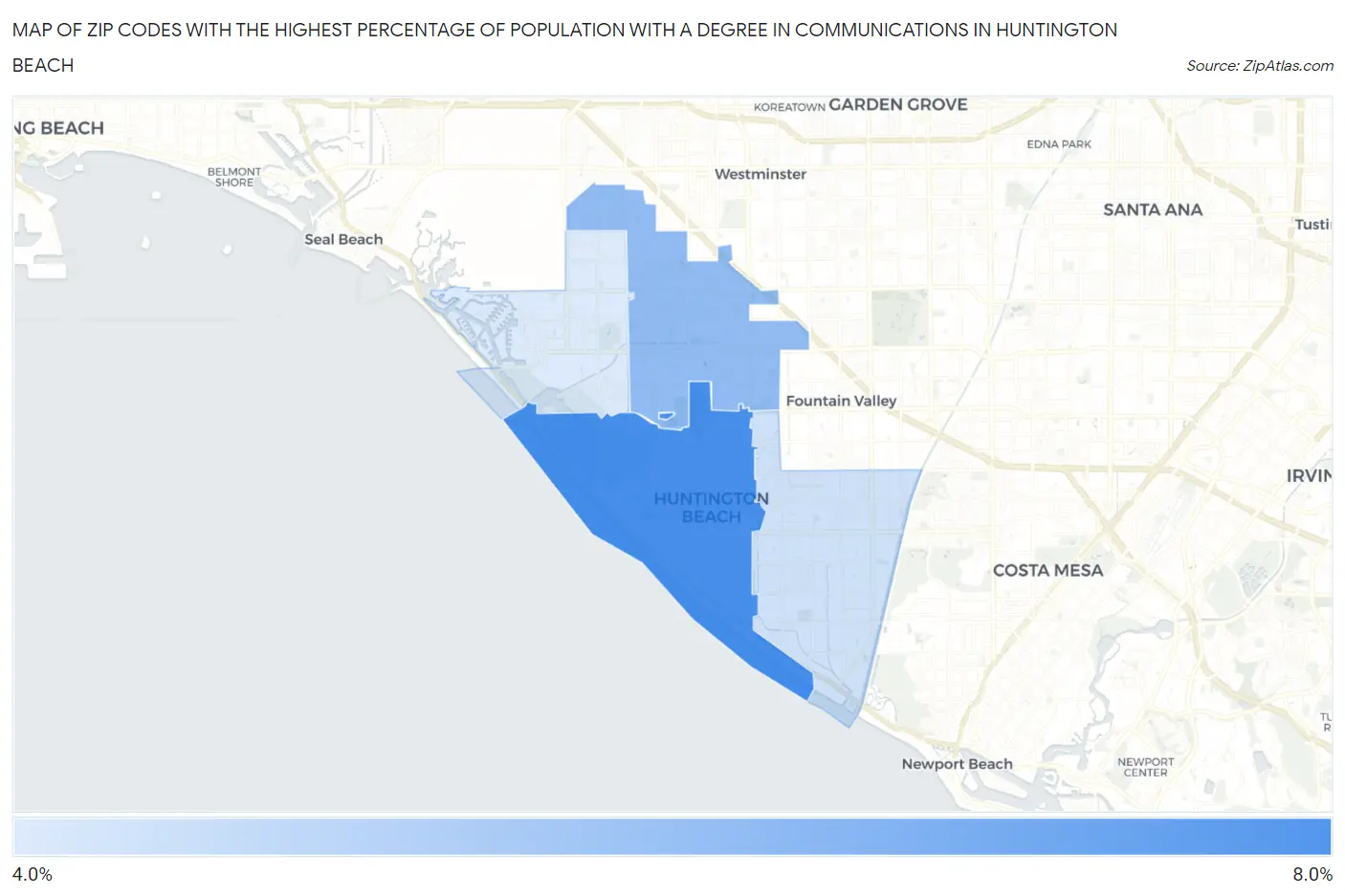 Zip Codes with the Highest Percentage of Population with a Degree in Communications in Huntington Beach Map
