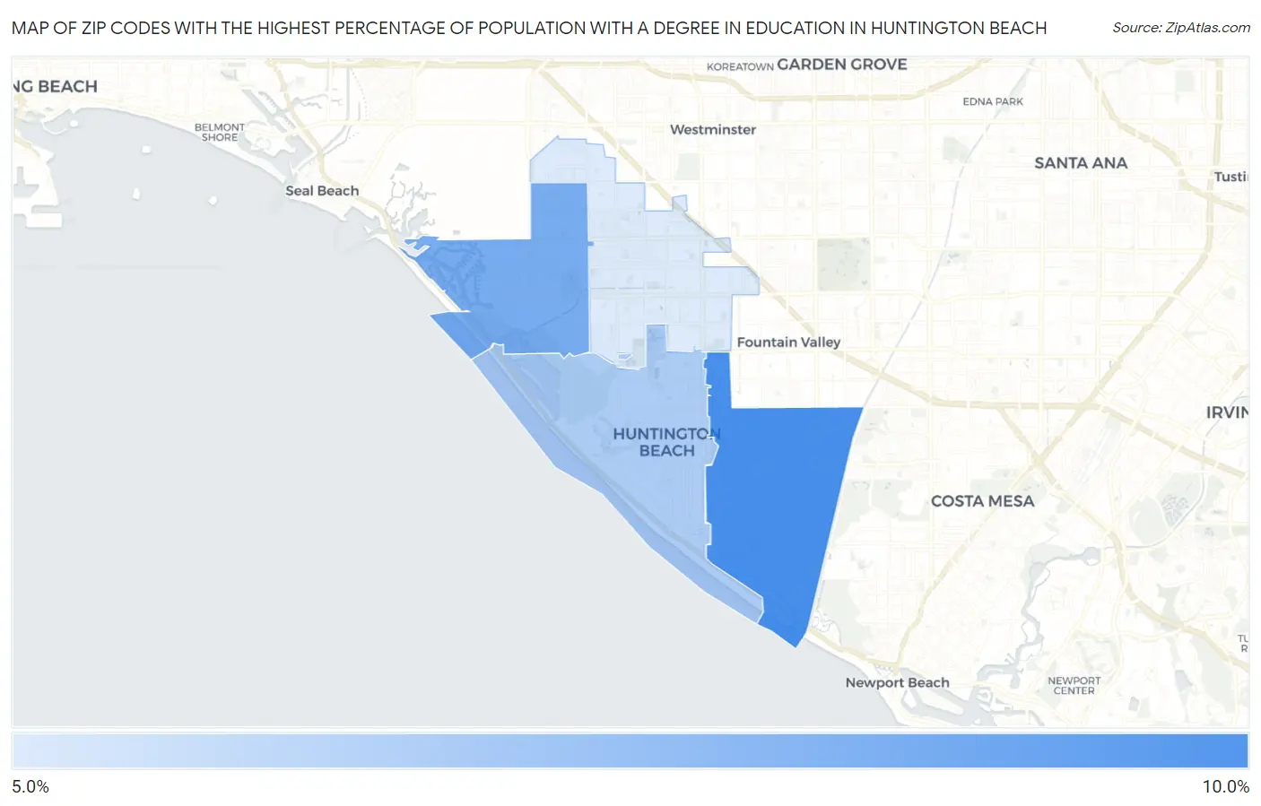 Zip Codes with the Highest Percentage of Population with a Degree in Education in Huntington Beach Map