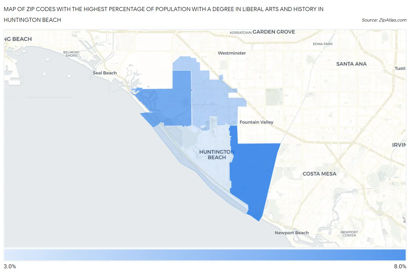 Zip Codes with the Highest Percentage of Population with a Degree in Liberal Arts and History in Huntington Beach Map