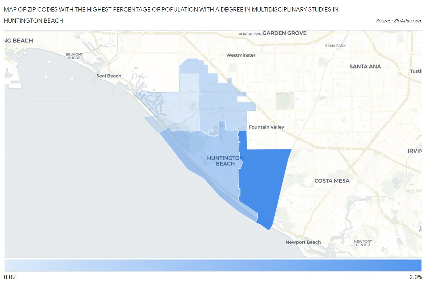 Zip Codes with the Highest Percentage of Population with a Degree in Multidisciplinary Studies in Huntington Beach Map