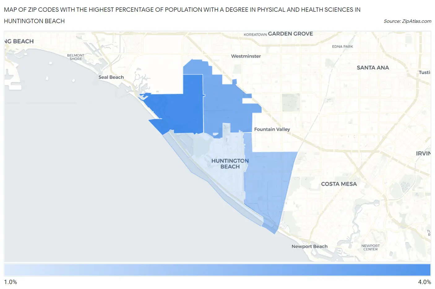 Zip Codes with the Highest Percentage of Population with a Degree in Physical and Health Sciences in Huntington Beach Map