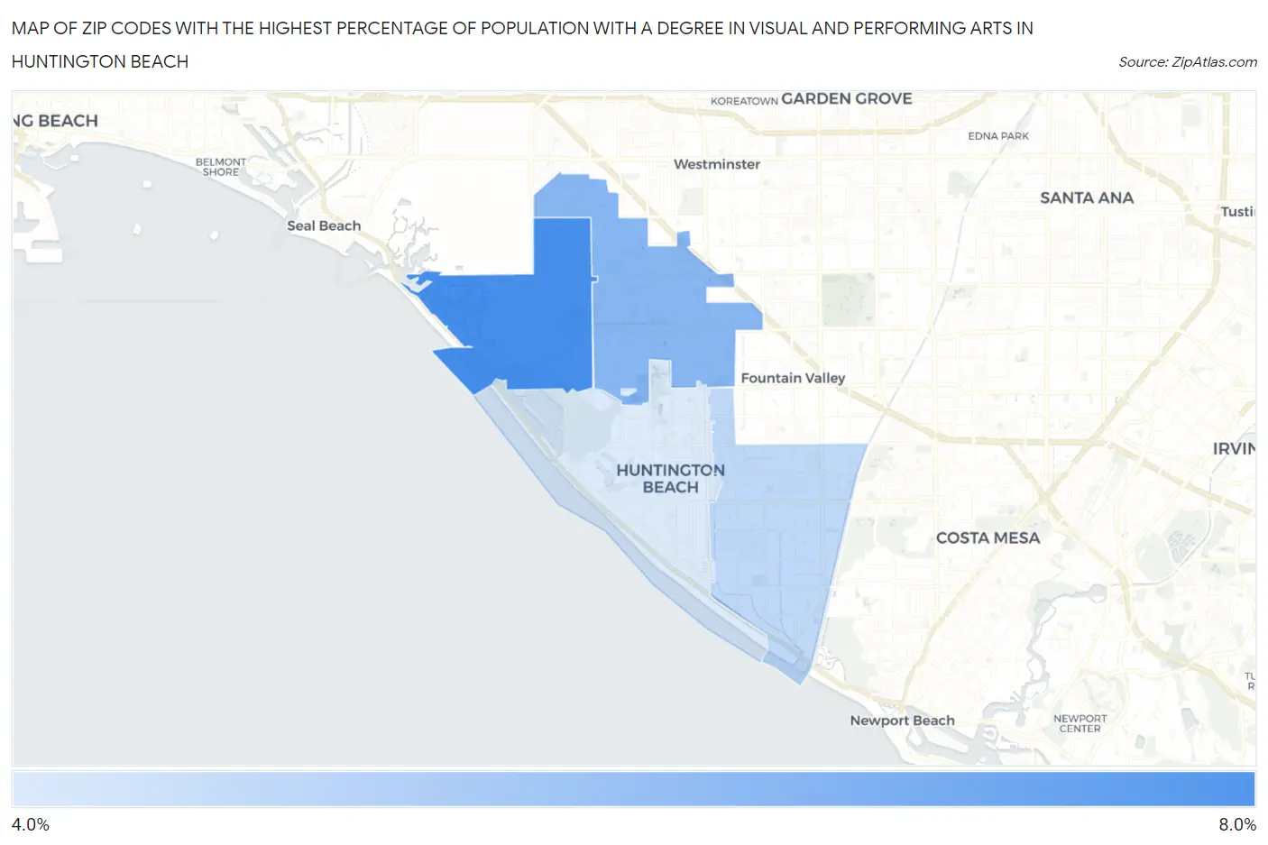 Zip Codes with the Highest Percentage of Population with a Degree in Visual and Performing Arts in Huntington Beach Map