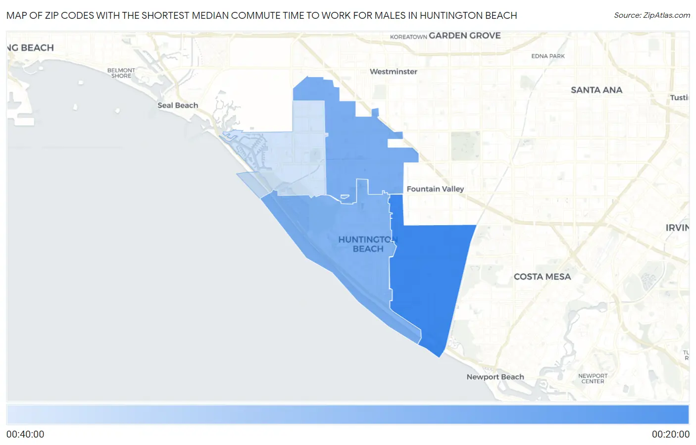 Zip Codes with the Shortest Median Commute Time to Work for Males in Huntington Beach Map