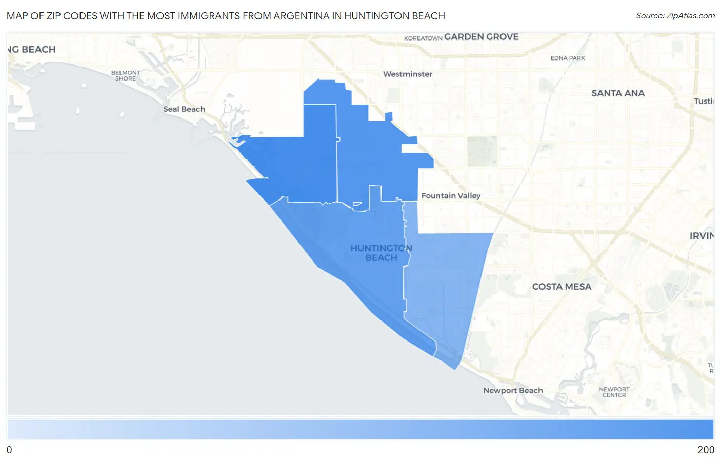 Zip Codes with the Most Immigrants from Argentina in Huntington Beach Map
