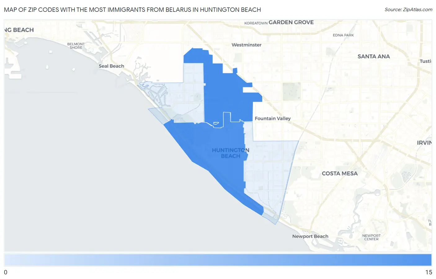 Zip Codes with the Most Immigrants from Belarus in Huntington Beach Map