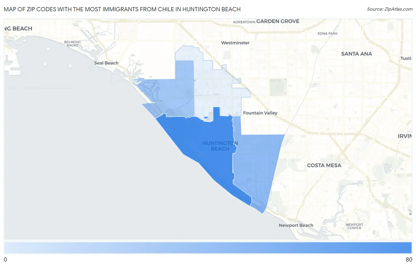 Zip Codes with the Most Immigrants from Chile in Huntington Beach Map