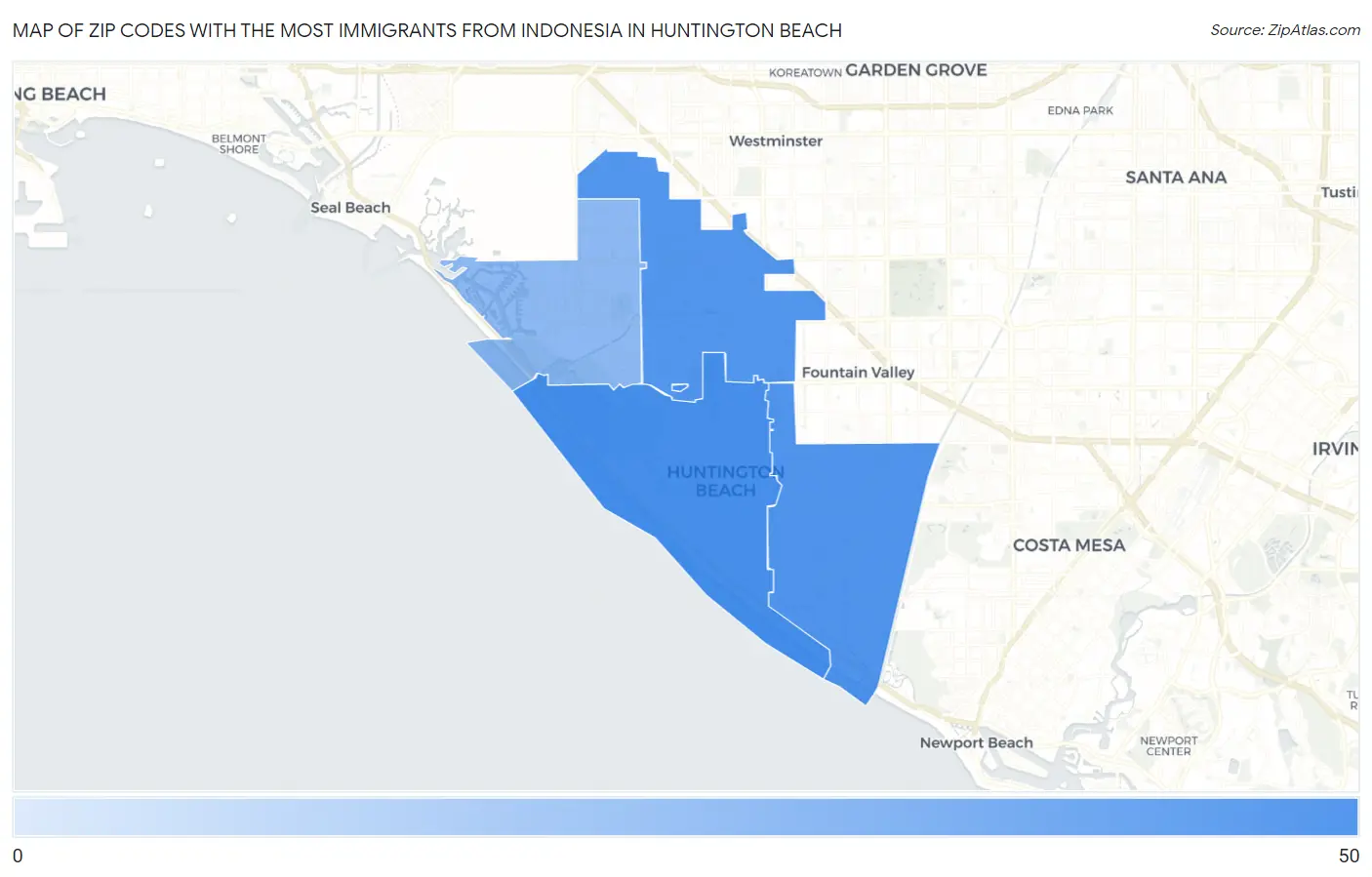 Zip Codes with the Most Immigrants from Indonesia in Huntington Beach Map