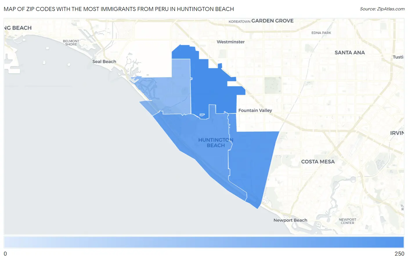 Zip Codes with the Most Immigrants from Peru in Huntington Beach Map