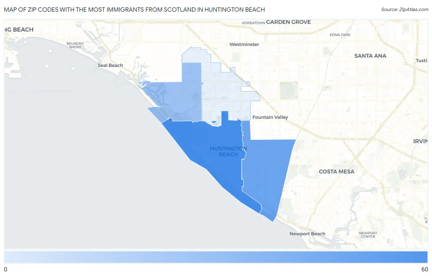 Zip Codes with the Most Immigrants from Scotland in Huntington Beach Map