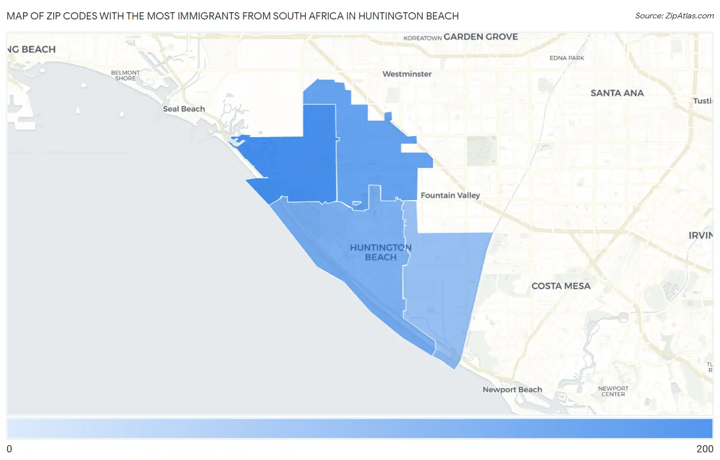 Zip Codes with the Most Immigrants from South Africa in Huntington Beach Map