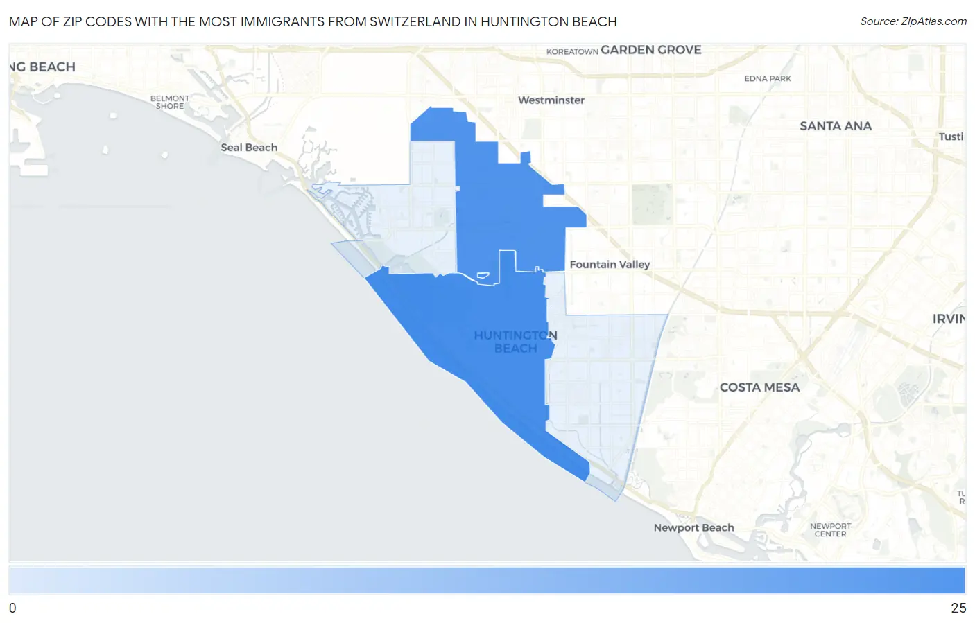 Zip Codes with the Most Immigrants from Switzerland in Huntington Beach Map