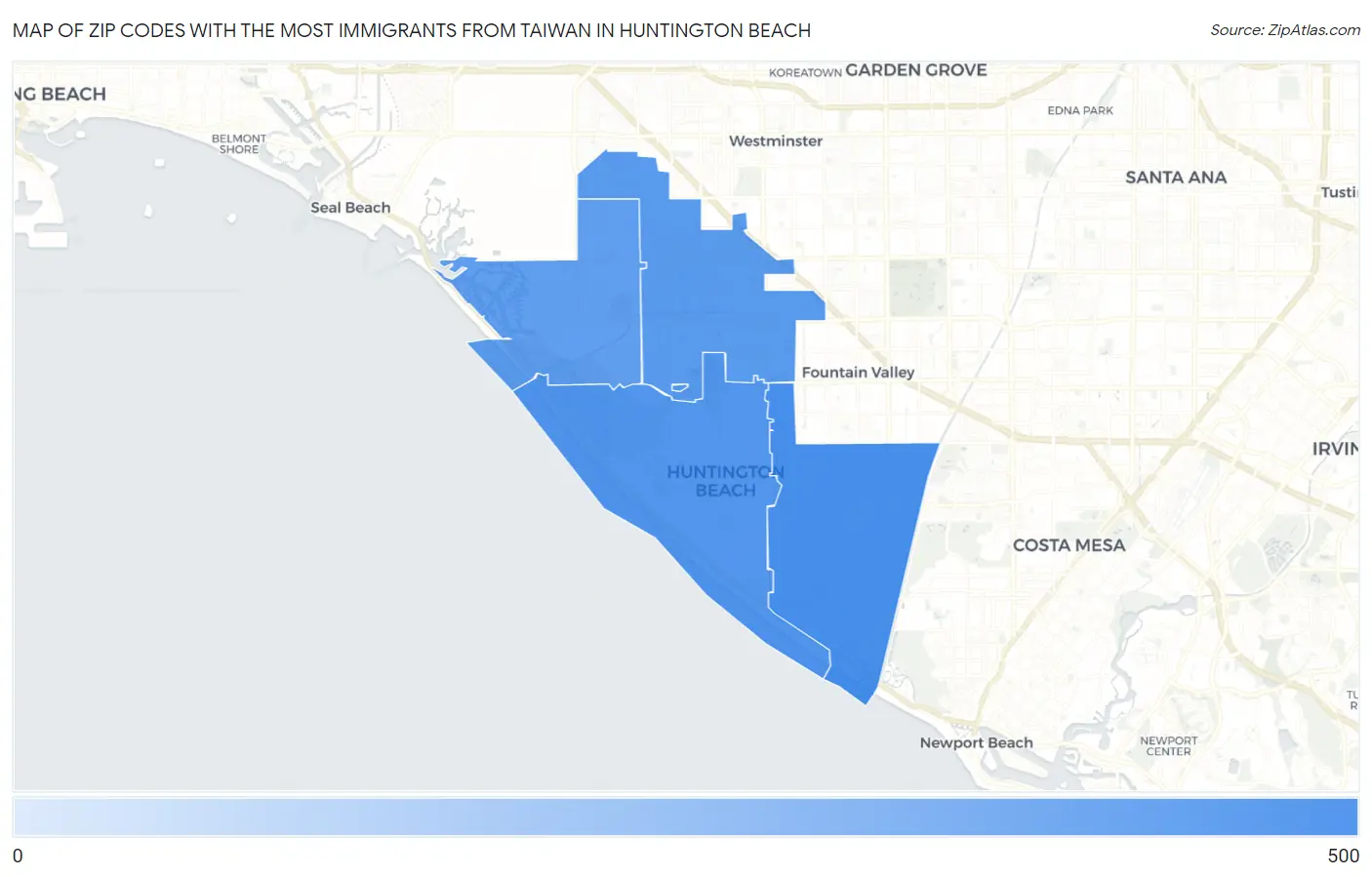 Zip Codes with the Most Immigrants from Taiwan in Huntington Beach Map