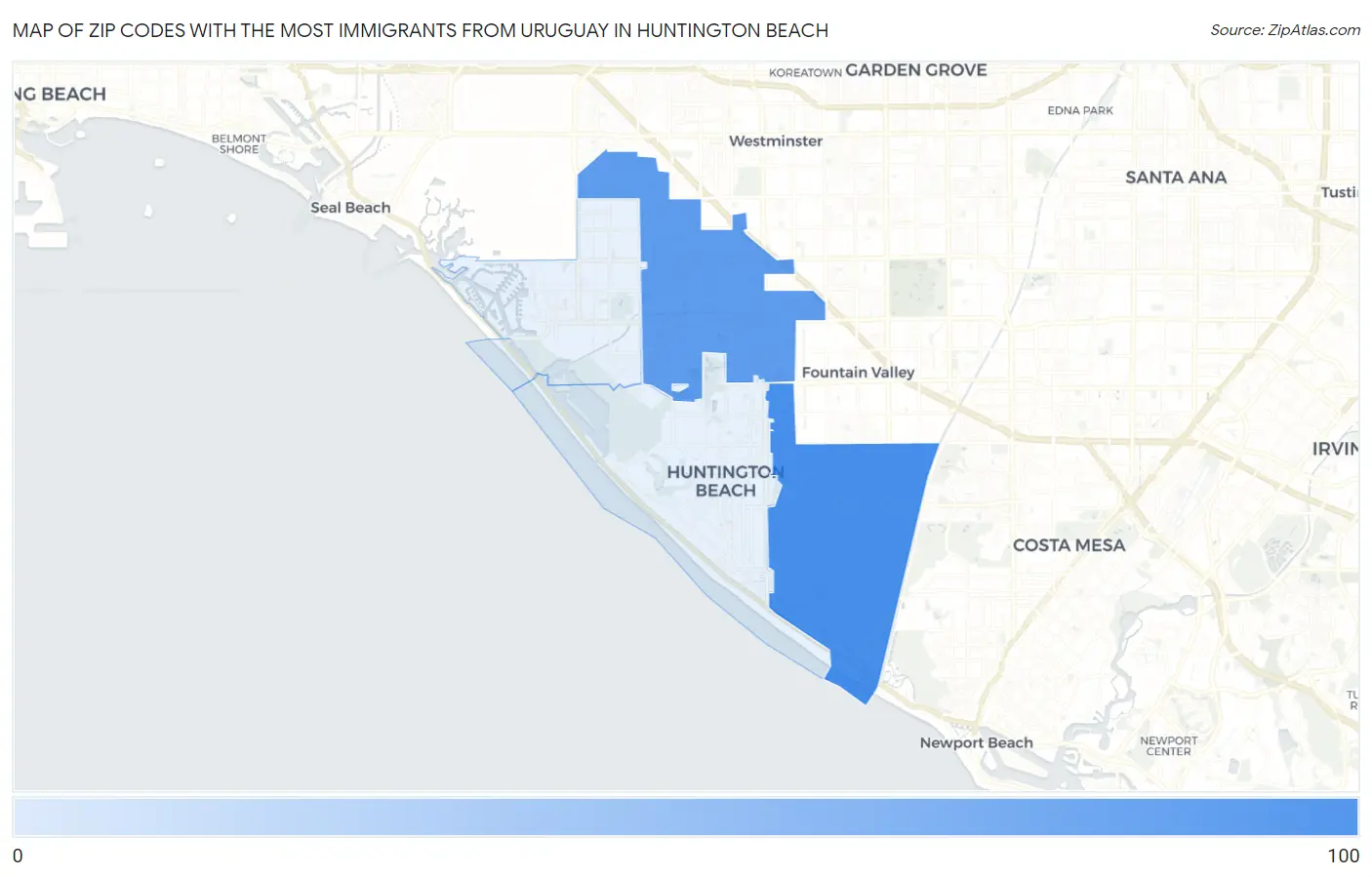 Zip Codes with the Most Immigrants from Uruguay in Huntington Beach Map