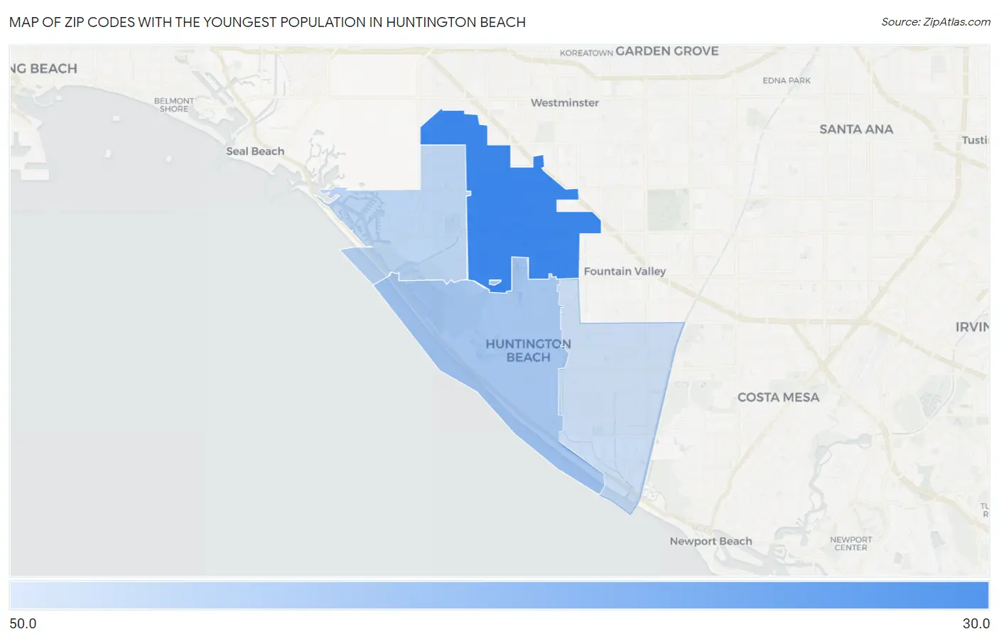 Zip Codes with the Youngest Population in Huntington Beach Map