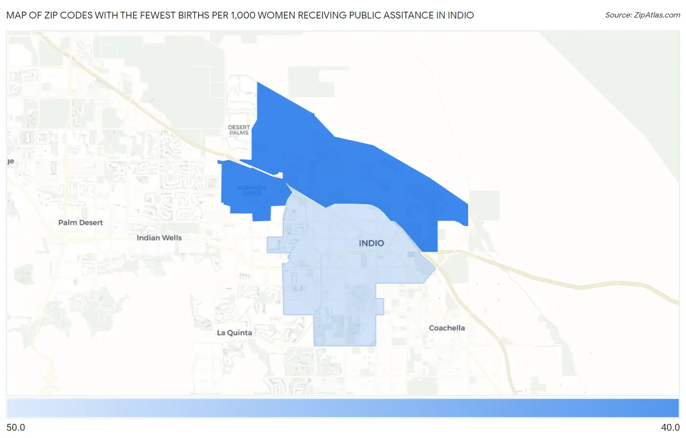 Zip Codes with the Fewest Births per 1,000 Women Receiving Public Assitance in Indio Map