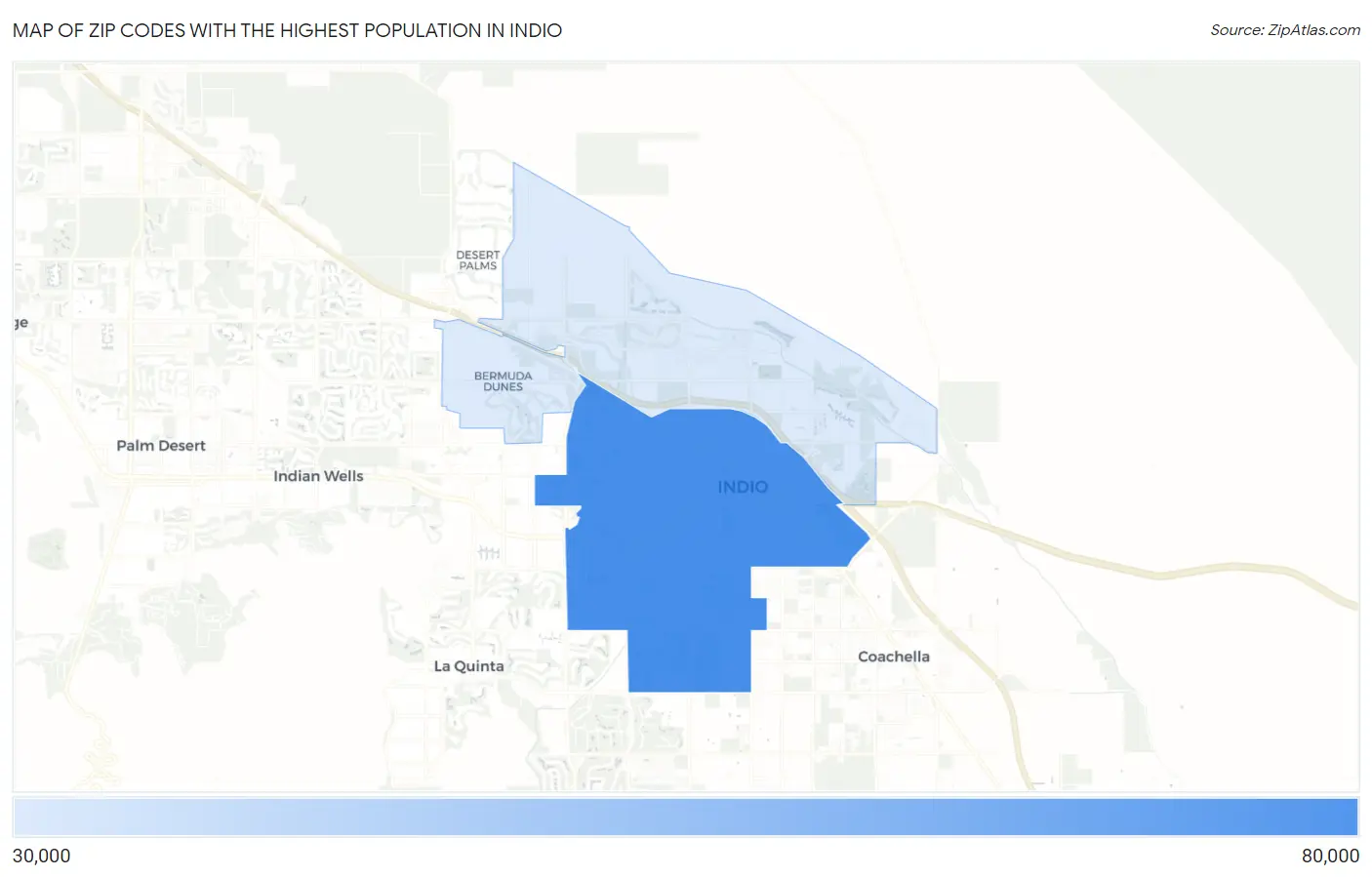 Zip Codes with the Highest Population in Indio Map