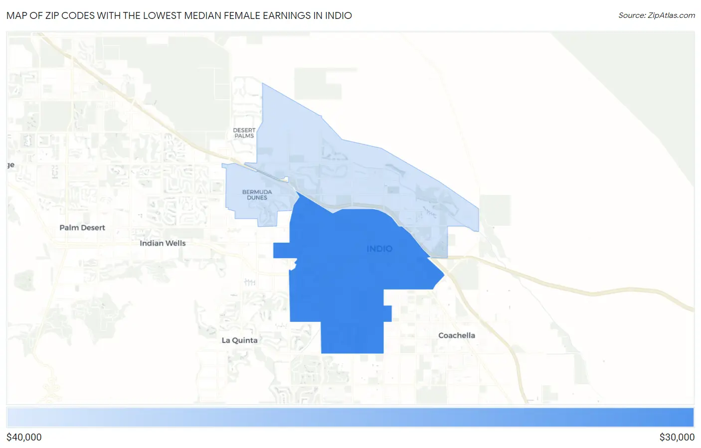 Zip Codes with the Lowest Median Female Earnings in Indio Map