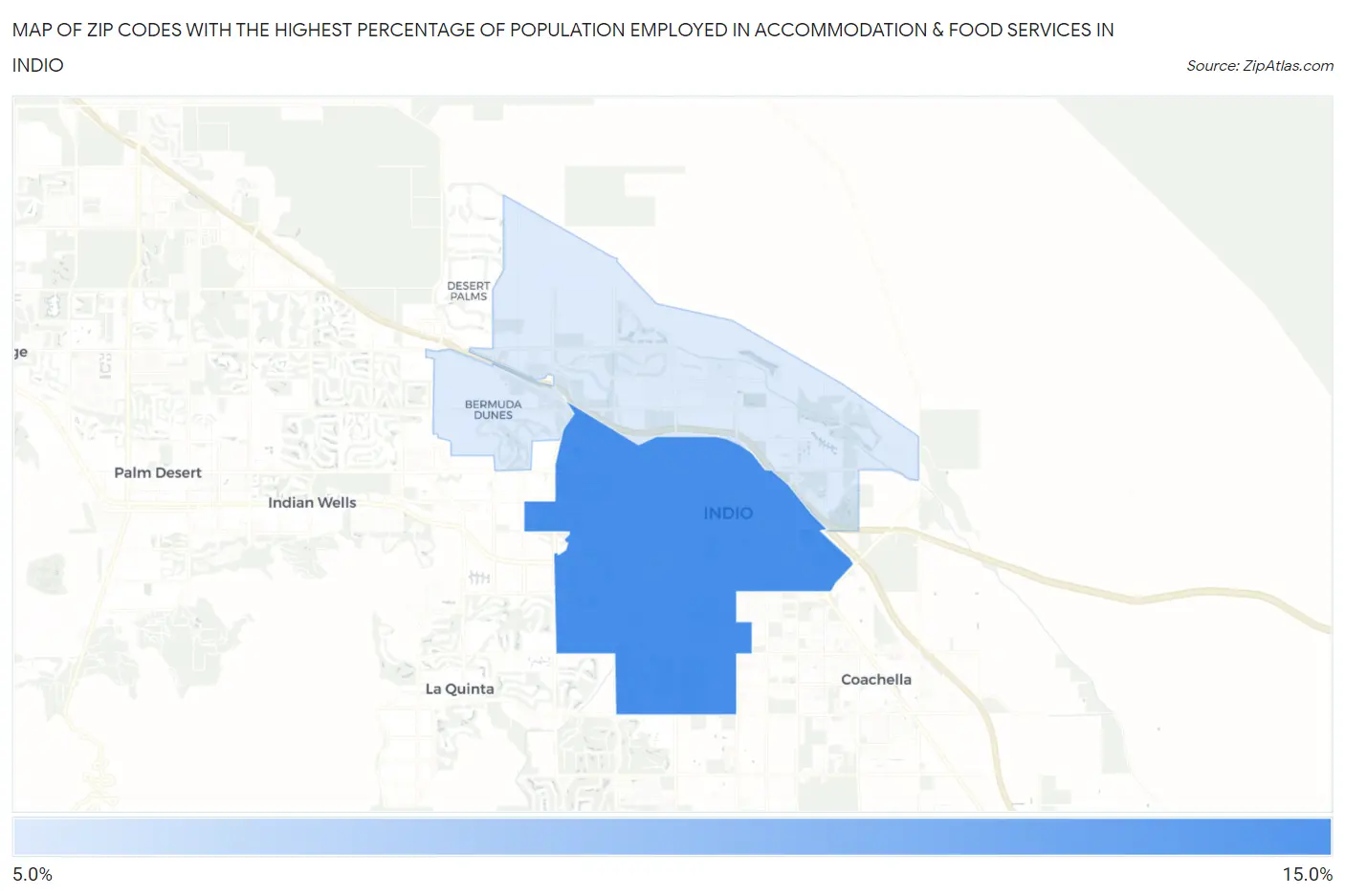 Zip Codes with the Highest Percentage of Population Employed in Accommodation & Food Services in Indio Map