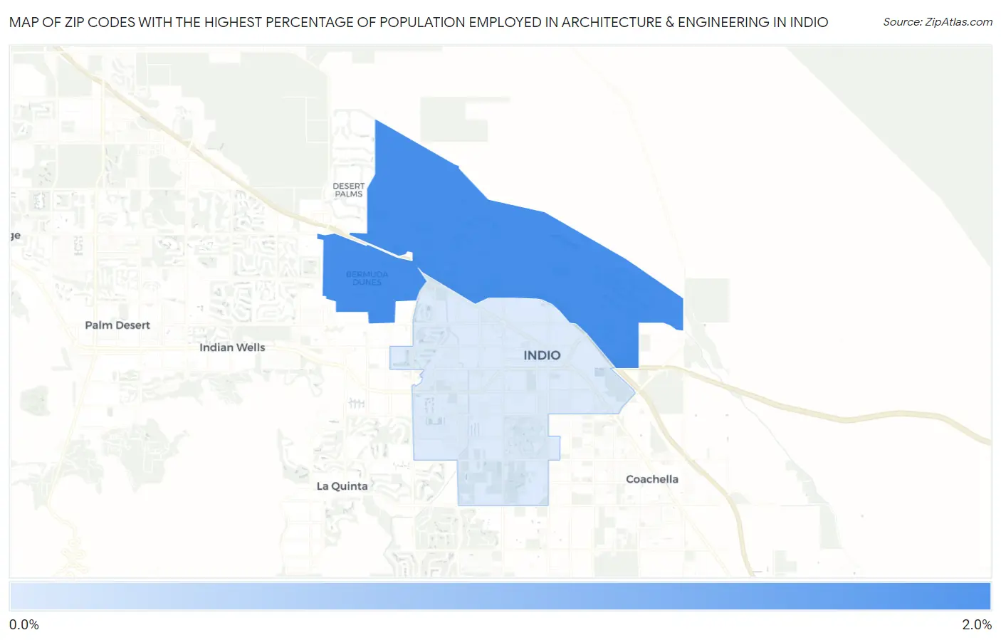 Zip Codes with the Highest Percentage of Population Employed in Architecture & Engineering in Indio Map
