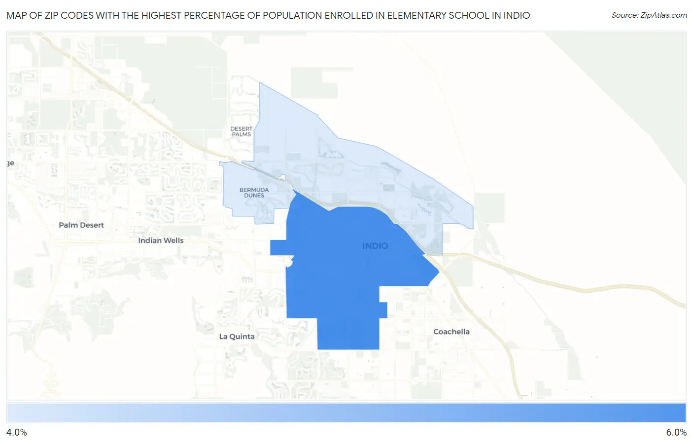 Zip Codes with the Highest Percentage of Population Enrolled in Elementary School in Indio Map