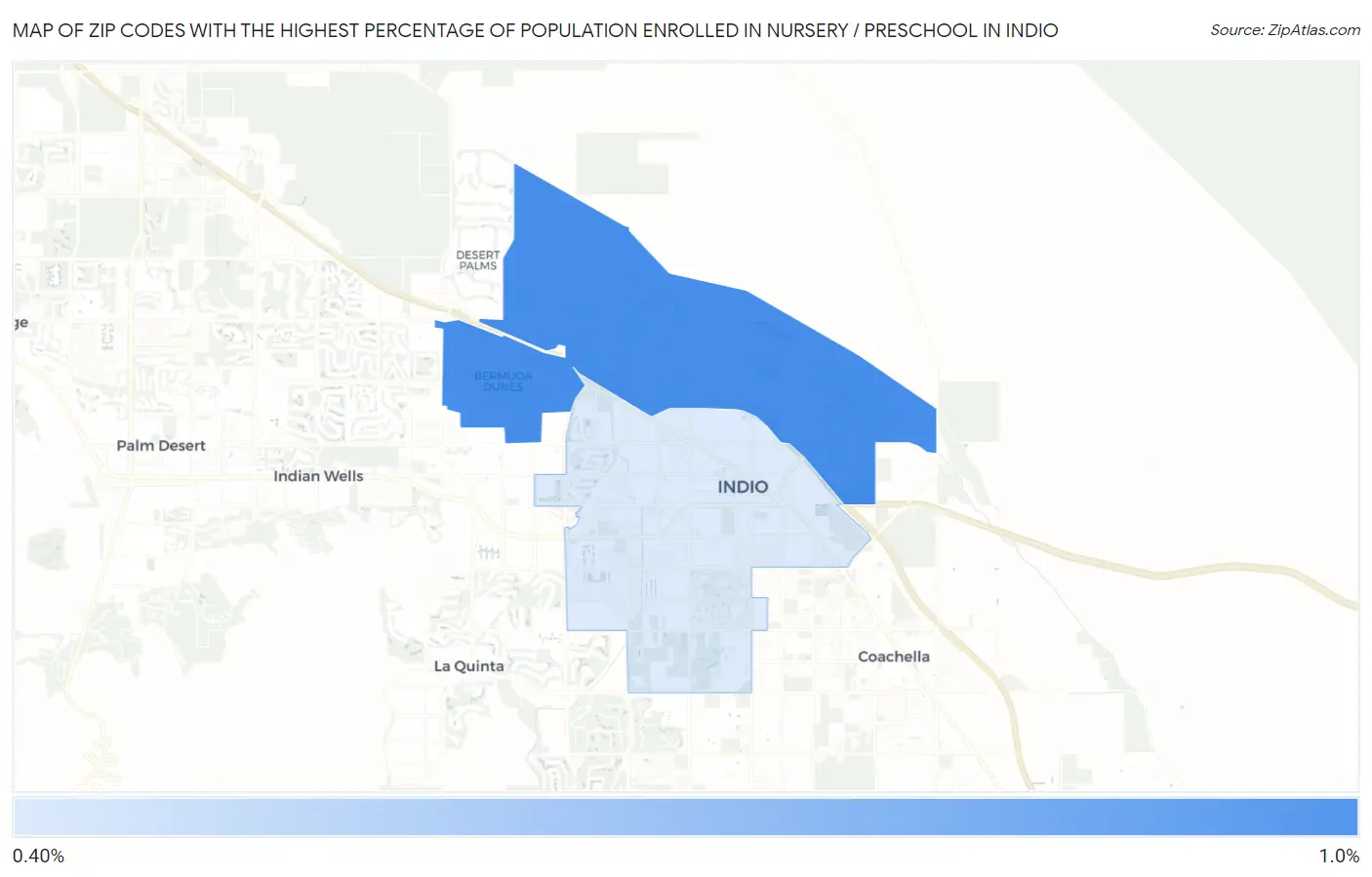 Zip Codes with the Highest Percentage of Population Enrolled in Nursery / Preschool in Indio Map