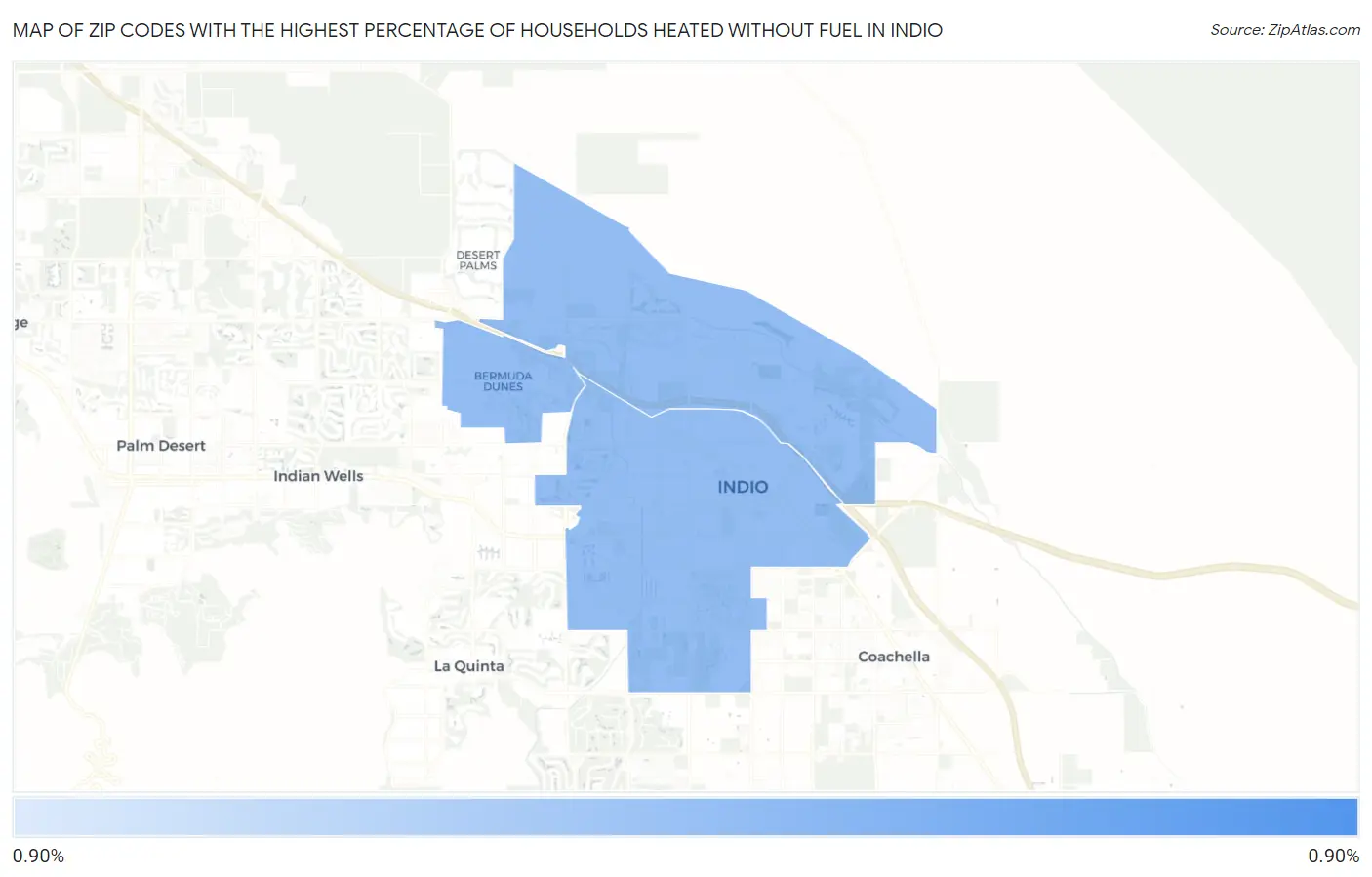Zip Codes with the Highest Percentage of Households Heated without Fuel in Indio Map