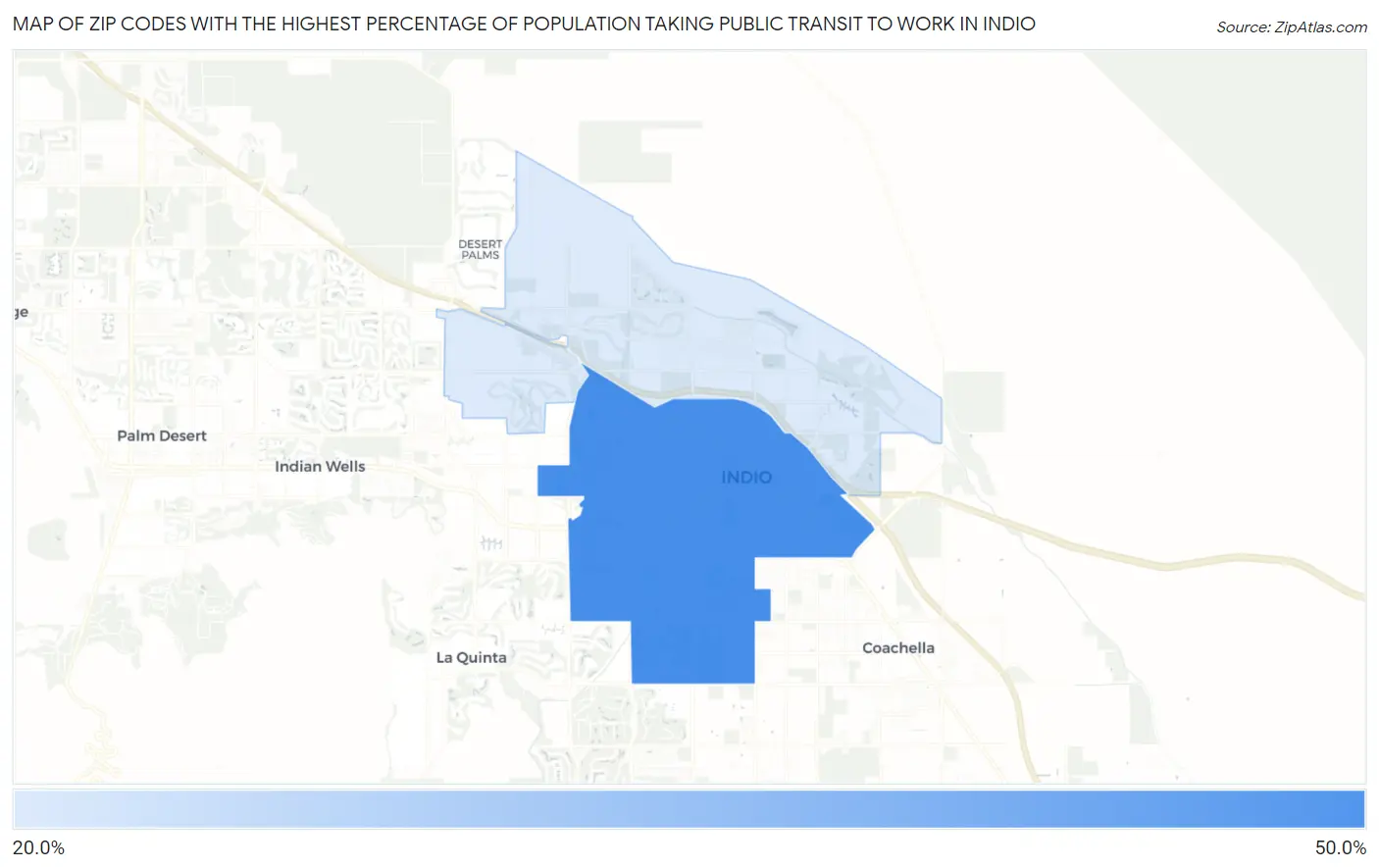 Zip Codes with the Highest Percentage of Population Taking Public Transit to Work in Indio Map